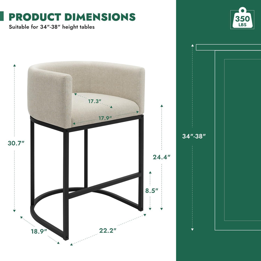 Counter Height Bar Stools Set of 2, 24 Inch Seat Height Barstools, Fabric Upholstered Bar Chair Island, Linen Counter