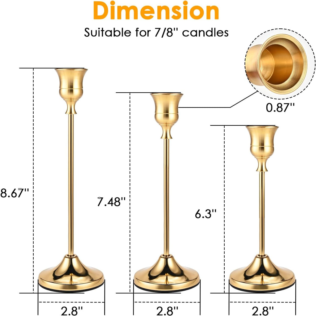 Brass Gold Candle Holders Set of 12, Metal Taper Candlestick Holders in 3 Heights - Vintage Candle Stick Holder Brass