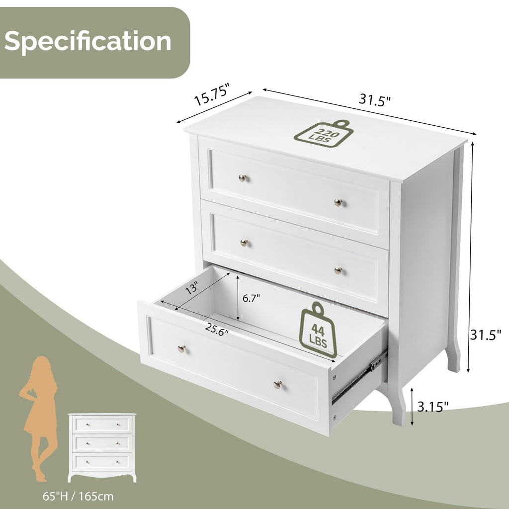 White Dresser 3 Drawer Chest of Drawers, Painted Wood Dresser with Large Drawers and Curved Legs, 31.5" W Large