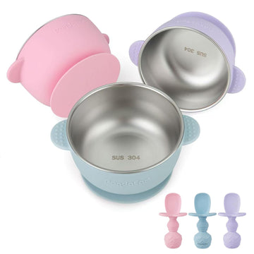 3 Pack Stainless Steel Baby Suction Bowls With Silicone Spoons