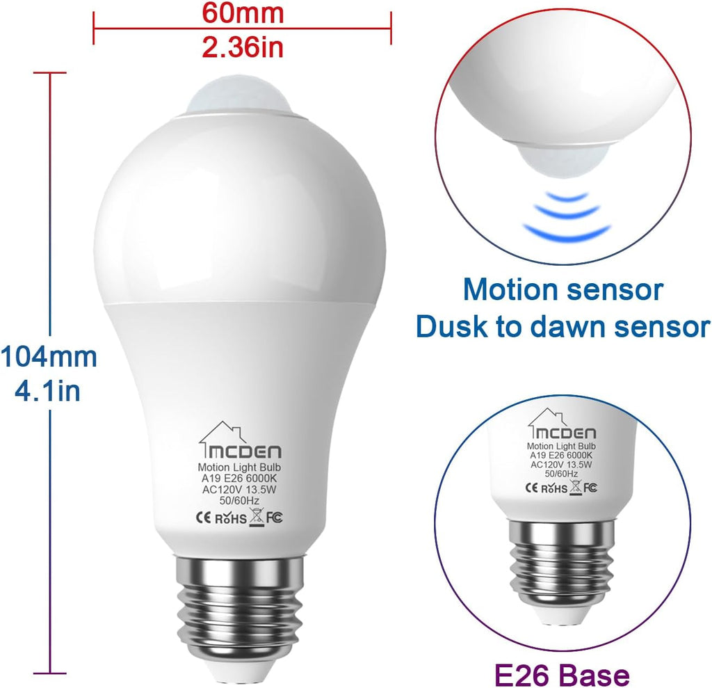 Motion Sensor Led Light Bulbs, 100W Equivalent E26 6000K 13.5W 120V, 4Pack