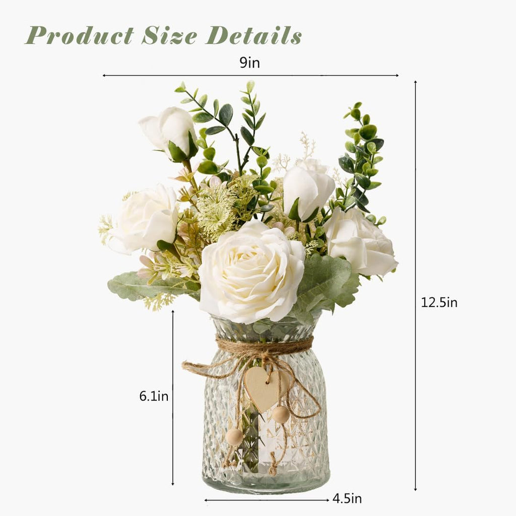 YJ Fake Flowers with Vase, Silk Roses Artificial Flowers in Vase, Faux Flower Plant Arrangement Suitable Decoration