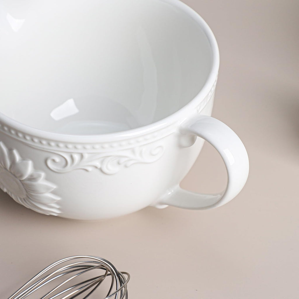 Sunflower Embossed Ceramic Mixing Bowl, 1 Quart Batter Bowl, with Pouring Spout and Handle