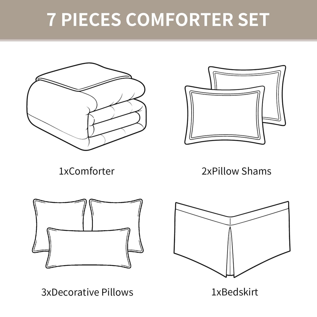 Beige Gold Comforter Set, Luxury 7PC Jacquard Bedding