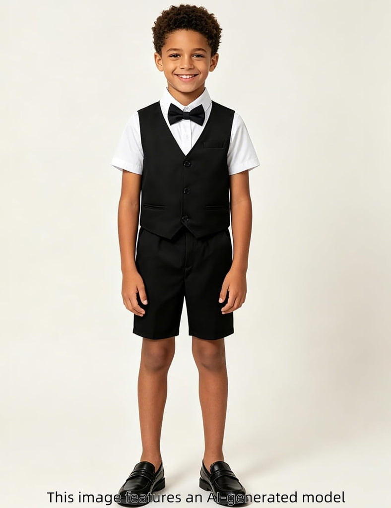 Boys Short Suit Formal Outfit 4pcs Vest, Shirt, Bow Tie