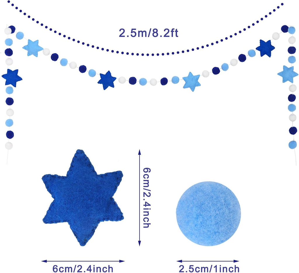 Hanukkah Felt Banner Hexagram Star Felt Garland Blue White Chanukah Pompom Party Decorative Hanging Bunting Banner - Set of 82