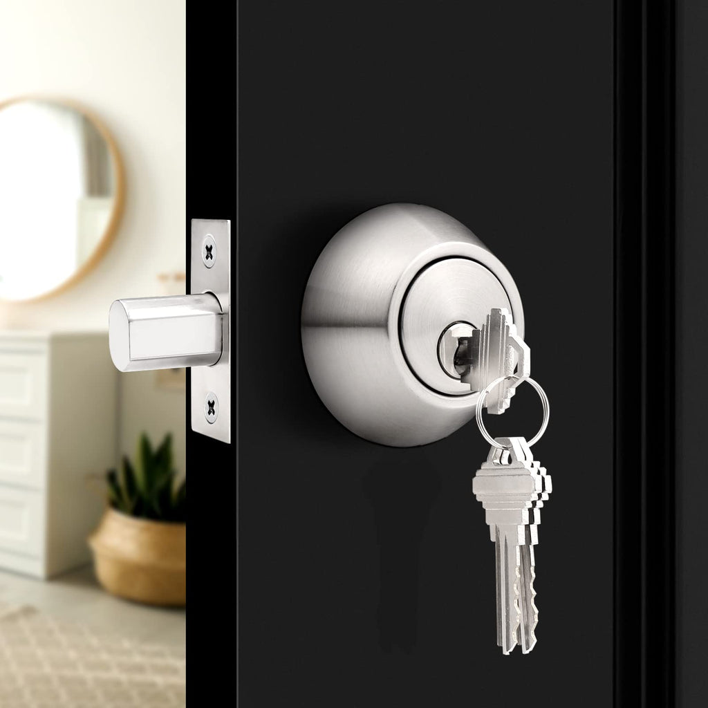1Pack Brushed Nickel Double Cylinder Deadbolt Lock, Round Keyed Both Side Door Lock