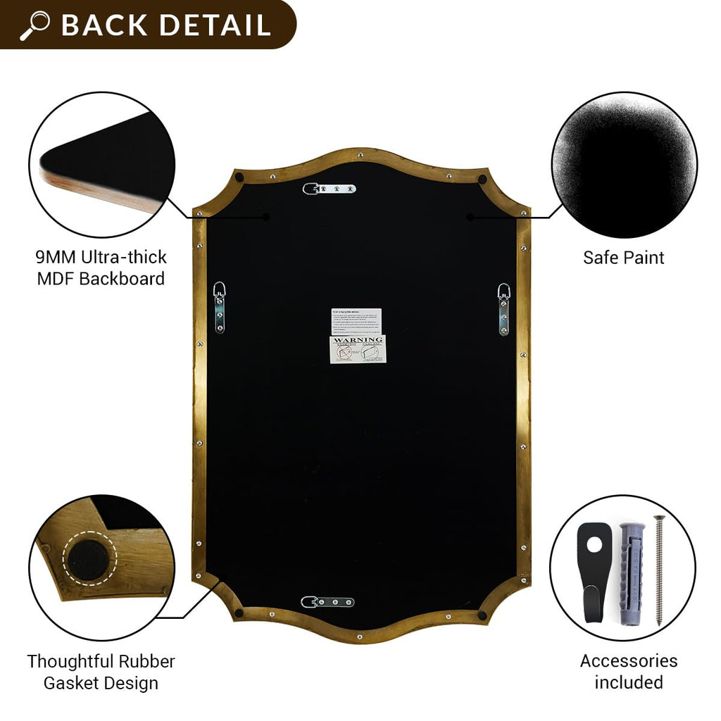 Bathroom Mirror, 28x36 Inch Brushed Gold Vanity Mirror, Stainless Steel Metal Frame with Sophisticated Curved Design