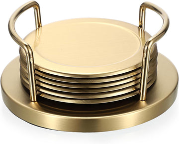 Stainless Steel Metal Round Coaster with Holder for Drinks - Set of 6