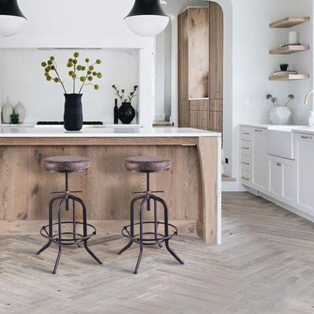 Set of 2 Industrial Bar Stool-Adjustable Swivel Vintage Pu Leather Bar Stool-Rustic Bar Stool with Cushion-Cast Iron