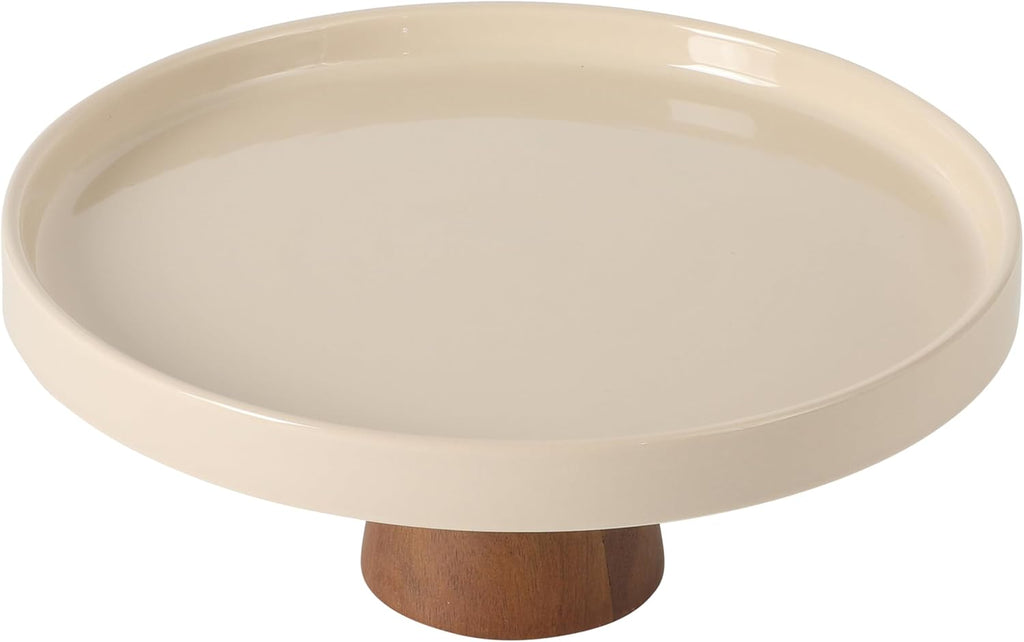 10.7-Inch Stoneware Cake Stand with Acacia Wood Base - Taupe Round Dessert Display Stand for Cakes, Cupcakes & Party