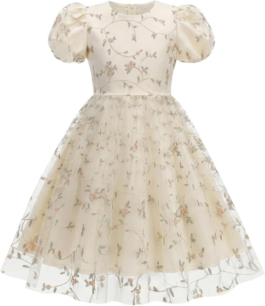 Kids Girls Short Sleeve Embroidery Floral Lace Tulle Dress