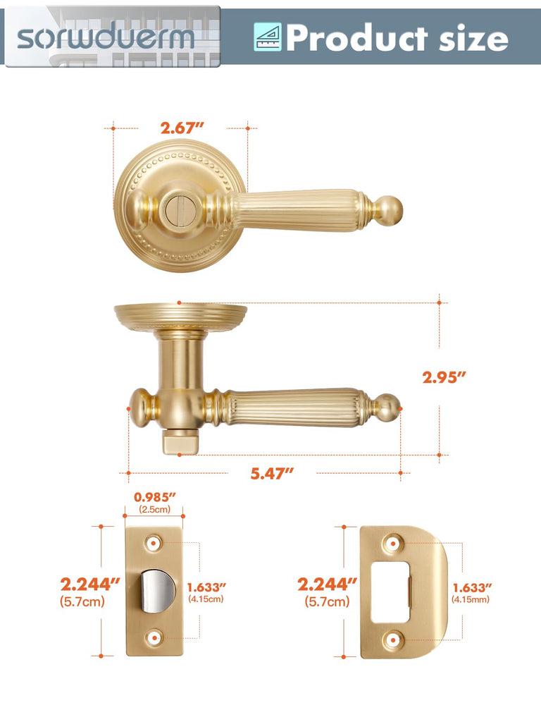 1 Pack Gold Door Lever Privacy Brushed Brass Door Handle Door Lever Bedroom and Bathroom Zinc Alloy