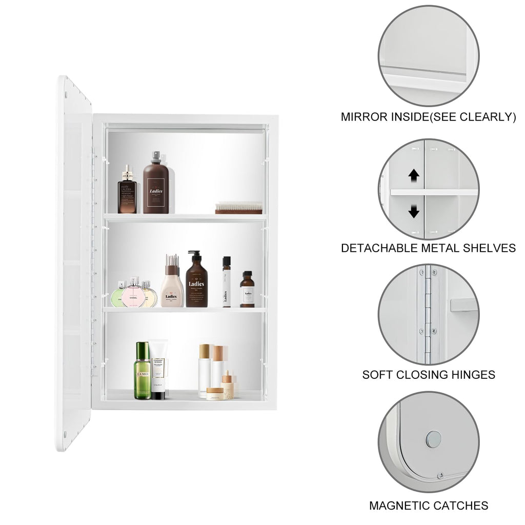 White Bathroom Medicine Cabinet with Mirror 16 x 24 Metal Frame Recessed Or Wall Mounted Single Door Storage Medicine
