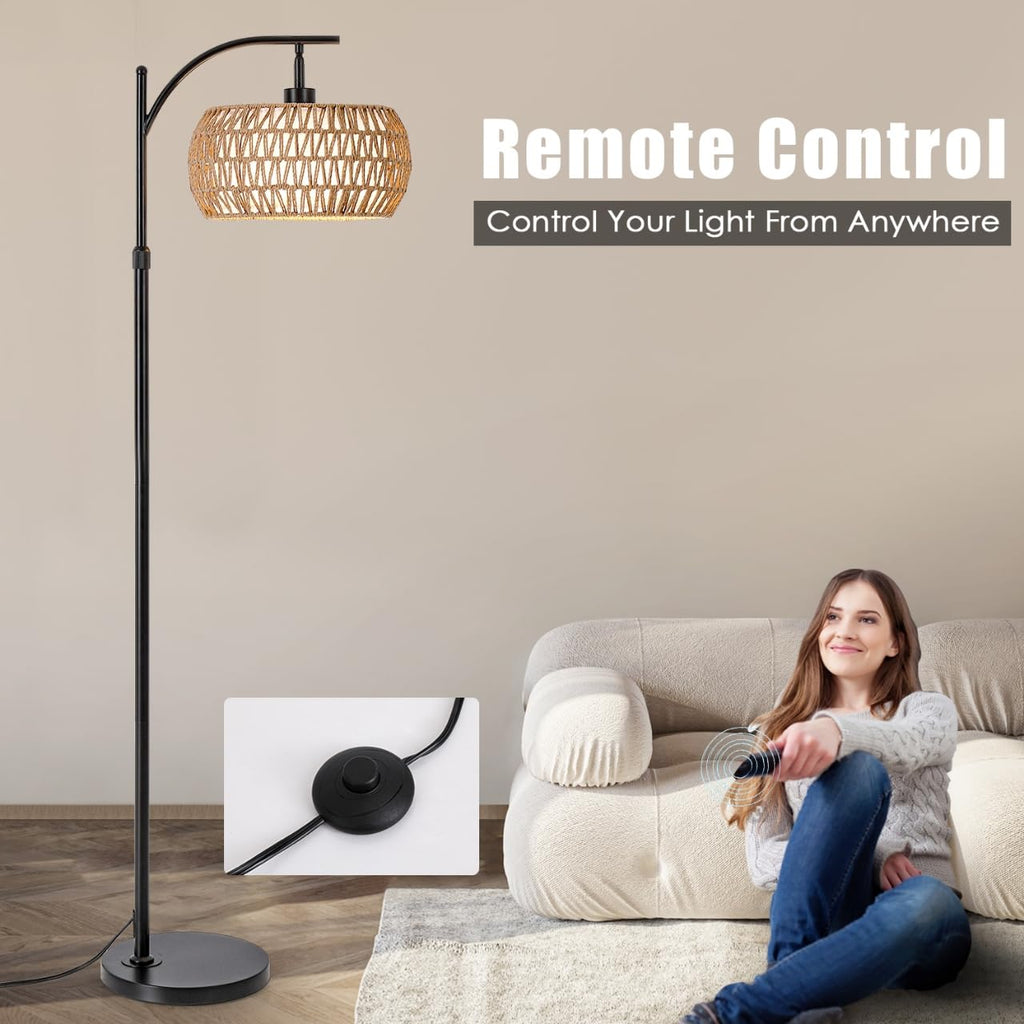 Arc Floor Lamp with Remote Control, Boho Farmhouse Standing Lamp with Stepless Dimmable Bulb and Fabric & Rattan