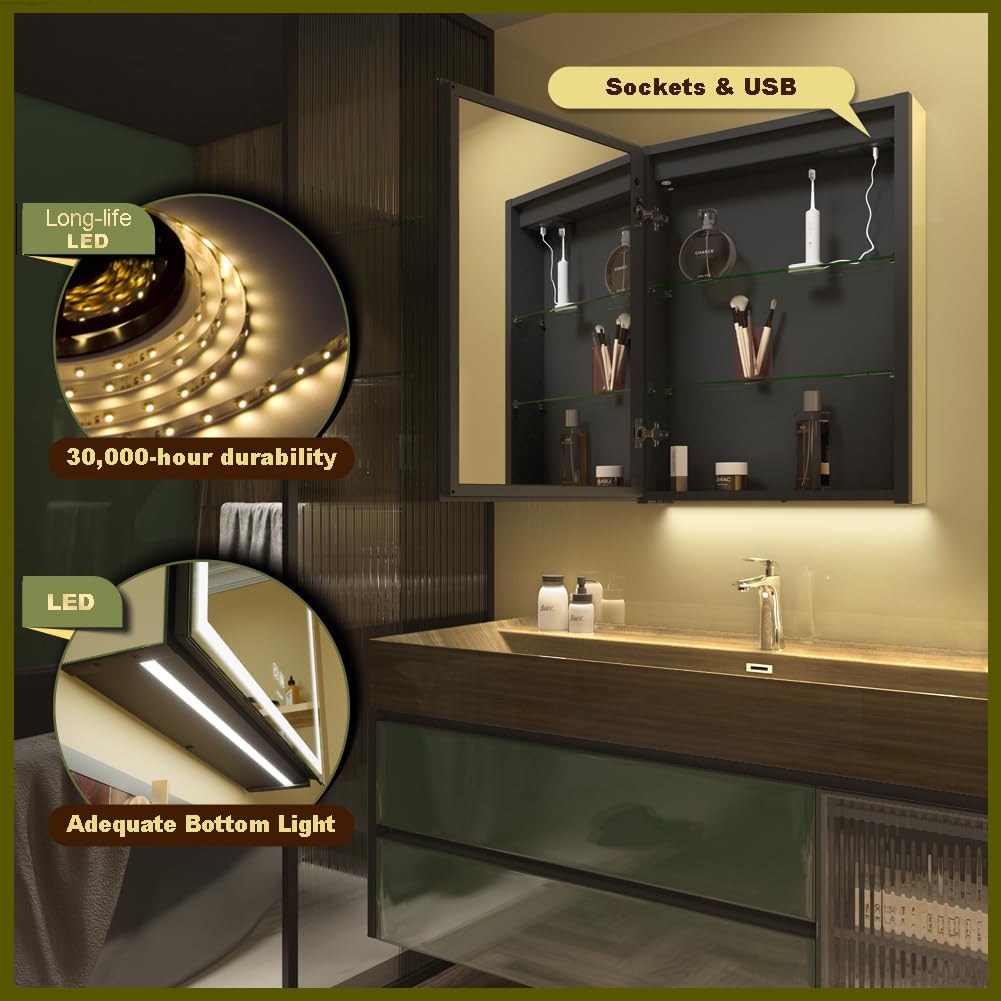 20 * 28 Left Hinge LED Bathroom Mirror Cabinet, Aluminum Medicine Cabinet | Light Adjustable, Sockets & USBs inside
