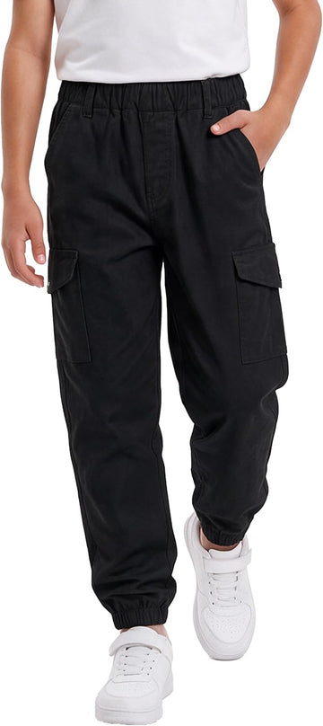 Boys Cotton Solid Color Elastic Waist Fall Winter Cargo Pants