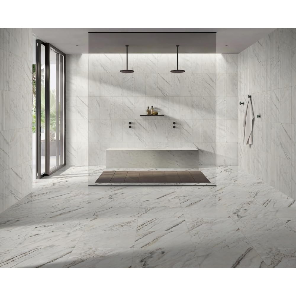 3D Fluted White Marble Wall Tiles, 12 x 24 Inch, 4 Pieces, OL Finish