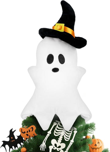 11.8'' White Ghost Plush Halloween Tree Topper with Witch Hat