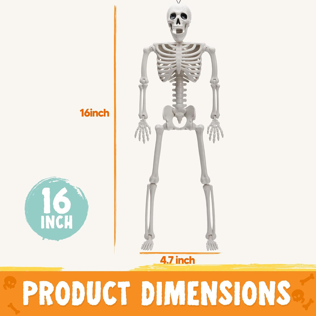 16" Halloween Skeleton Decor, Full Body Movable Stayable Joints Plastic Skeleton, Posable Hanging Skeletons - Set of 12
