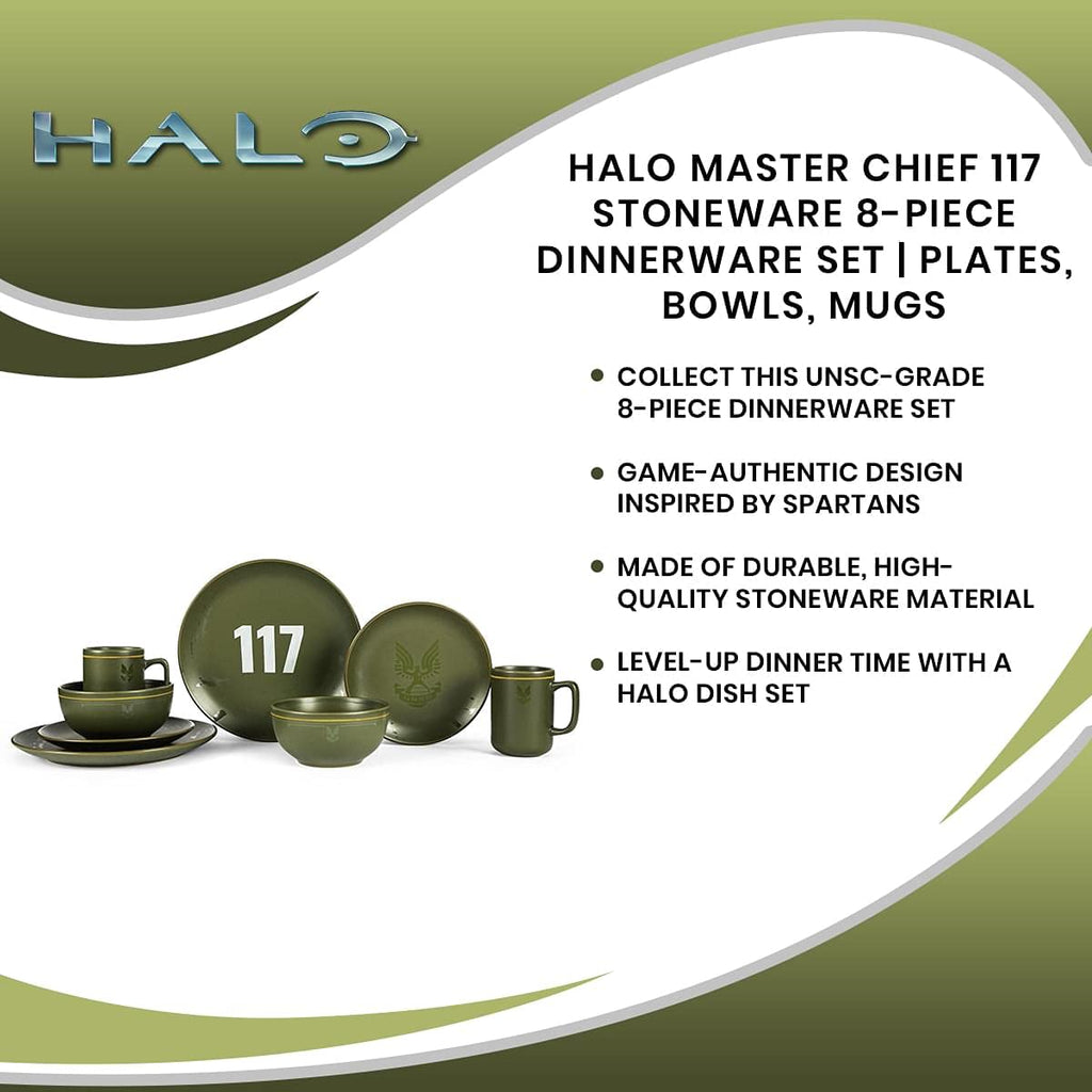 Master Chief 117 Stoneware 8-Piece Dinnerware Set | Video Game-Themed Home Kitchen Essentials | Includes Dinner And