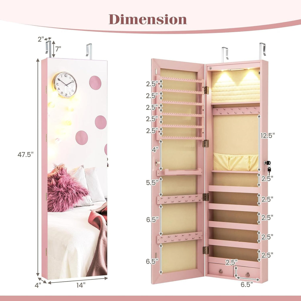 Wall or Door Mounted Lockable Jewelry Armoire with Full-Length Mirror