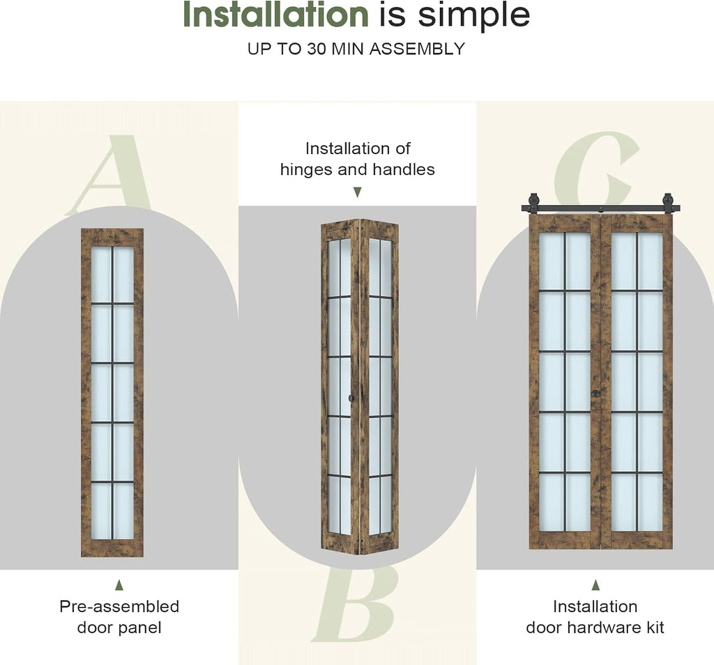 Preassembled Bifold Barn Door 30 x 84 in (Double 15x84in) with Bi-fold Door Hardware Kit, Frosted Glass Cross