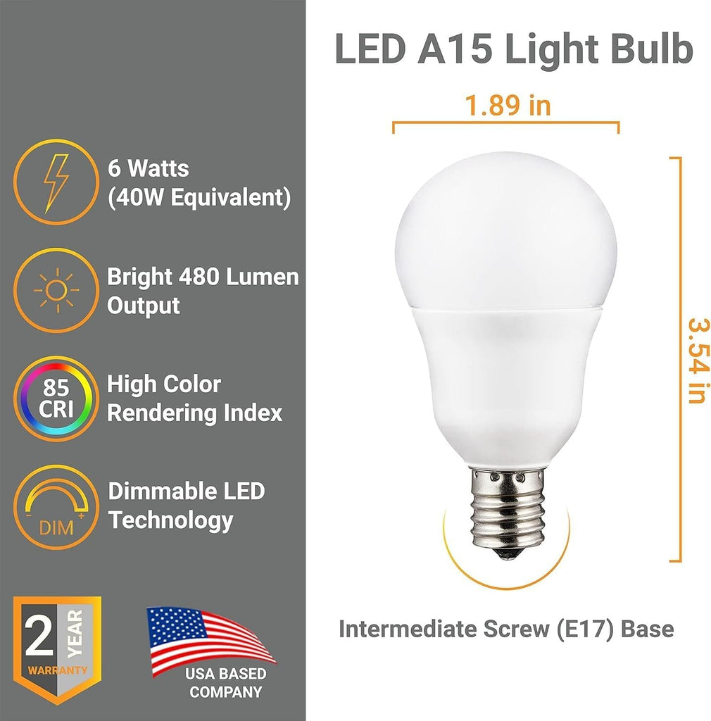 A15 LED Appliance Light Bulb 6W (40W Equivalent) 480 Lumens 3000K Soft White Dimmable E17 Intermediate Base ETL