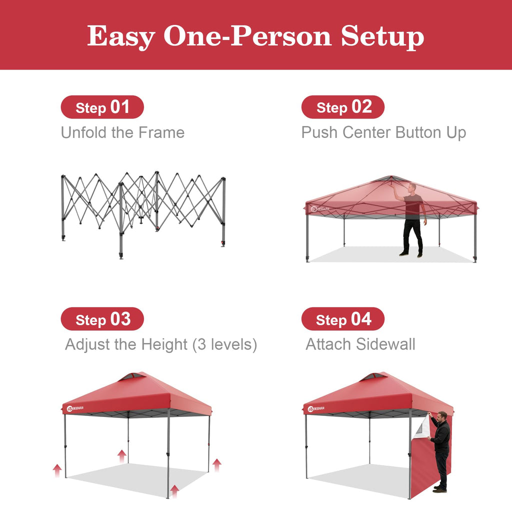 10x10 Pop Up Canopy with Sidewall, One Push Easy Setup, Red