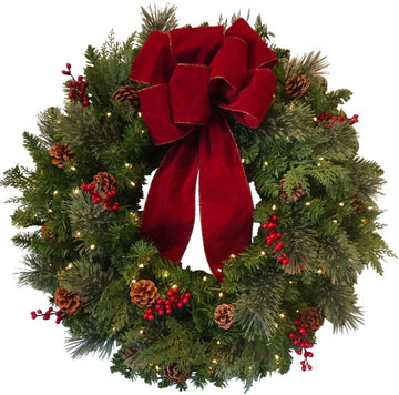 Classic 30-inch Christmas Wreath for Front Door - Large Size Door Wreath with Warm White Energy-Efficient LED Lights