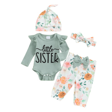 Newborn Baby Girl Clothes Outfits New To The Crew Bodysuit Romper Floral Pants Headband Hat Coming Home Outfit (A