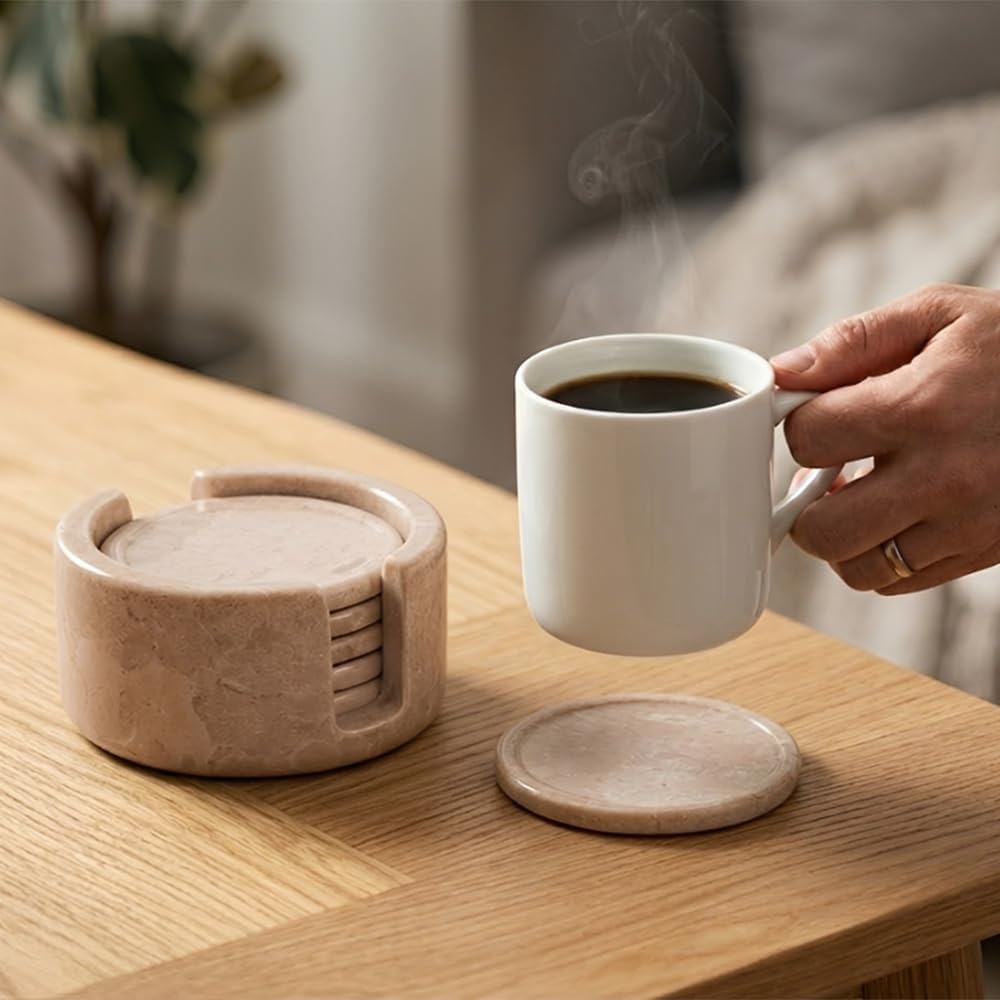 Round Marble Coasters with Holder - Verona Stone 3.5 Inch - Set of 6