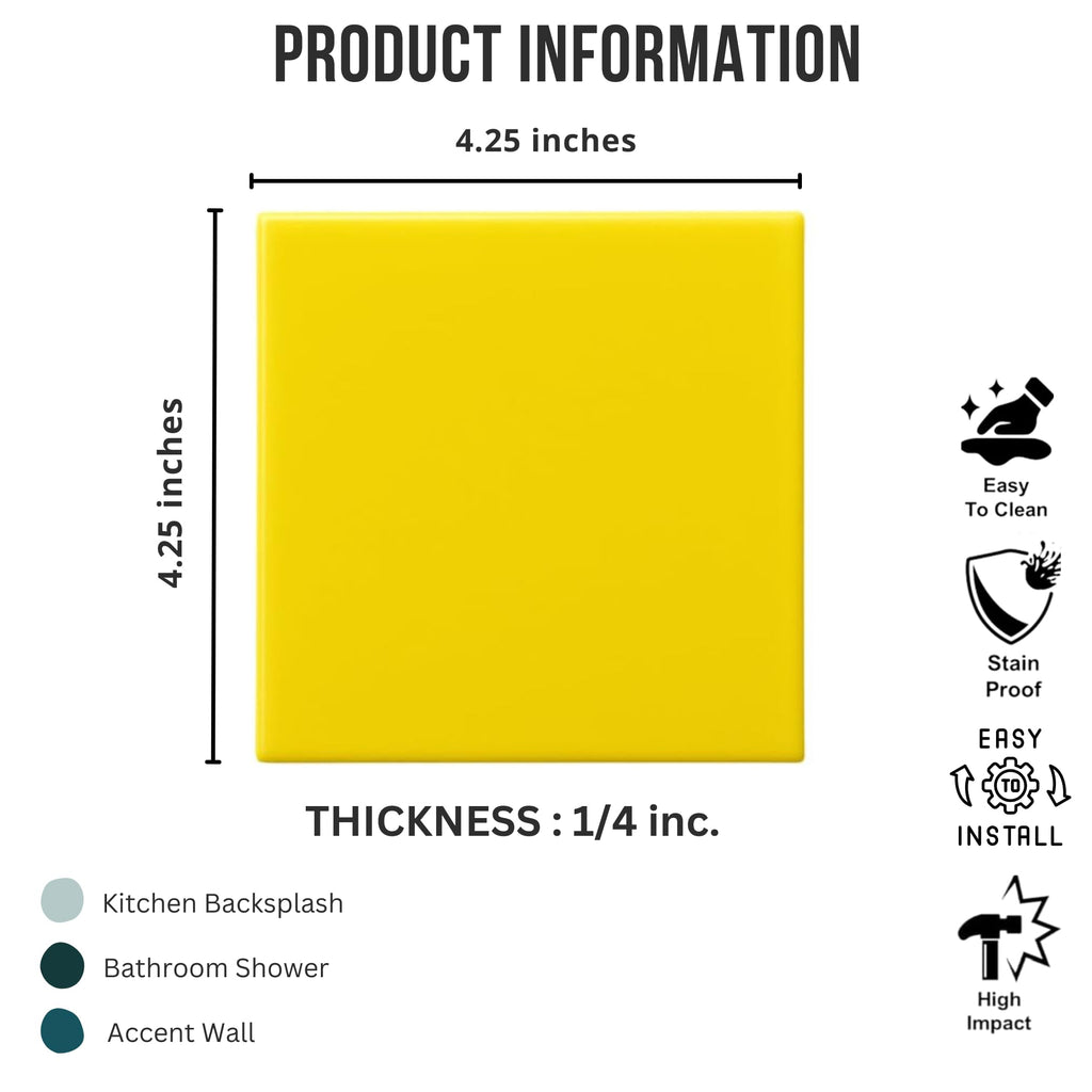 4 in Yellow Glossy Ceramic Tile, 4 1/4 in Square, Box of 10 Pieces (1 Sq Ft) Wall & Kitchen Backsplash by