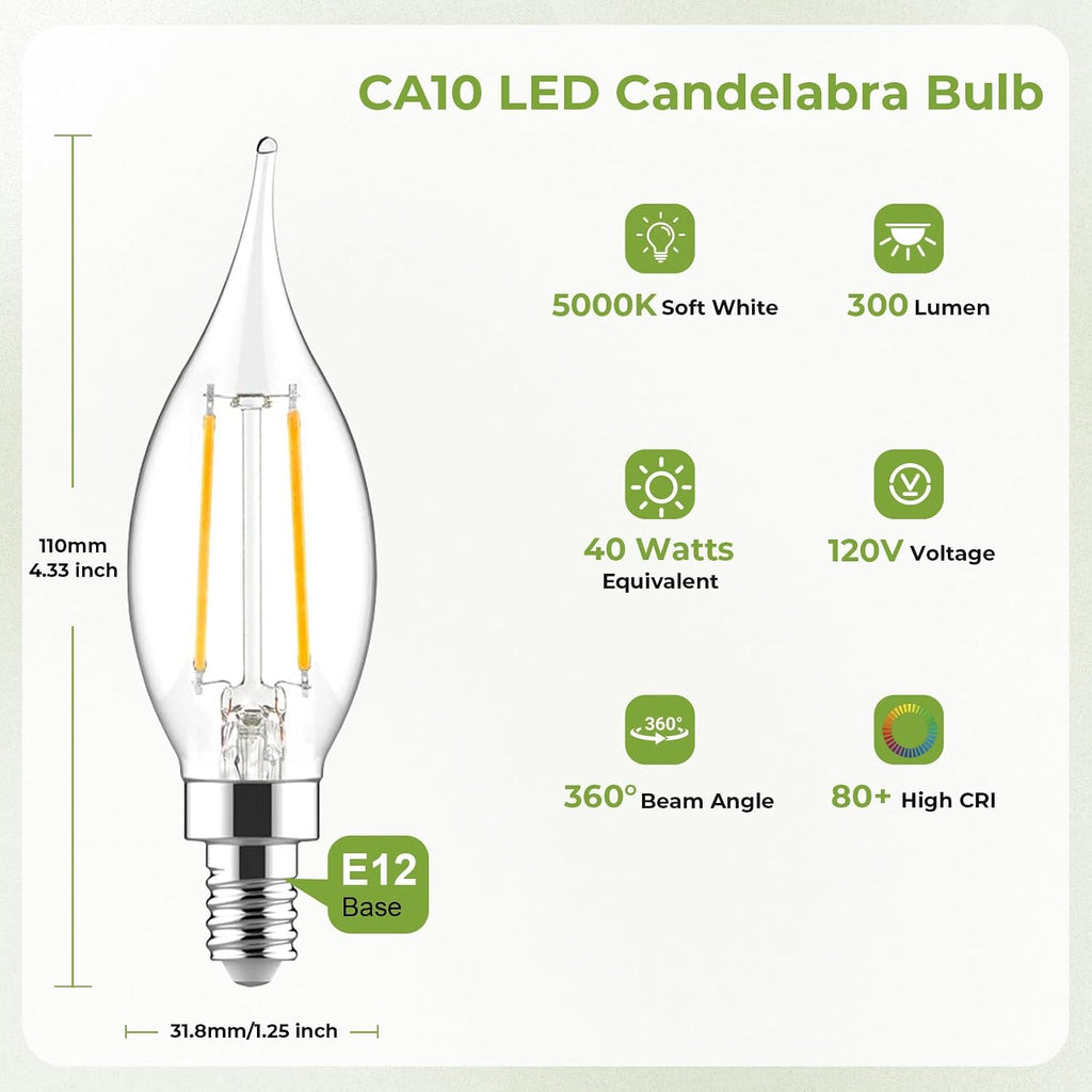 E12 Candelabra Bulb 40 Watt Equivalent, Dimmable LED Chandelier Light Bulbs 5000K Daylight White, CA10 Candle Shape