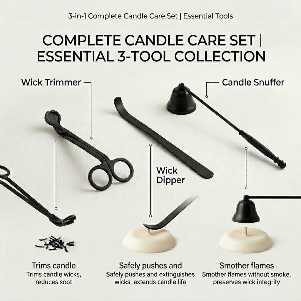 Candle Accessory Set - Wick Trimmer, Snuffer, Dipper, Lighter, Candle Holder - Stainless Steel - Set of 5