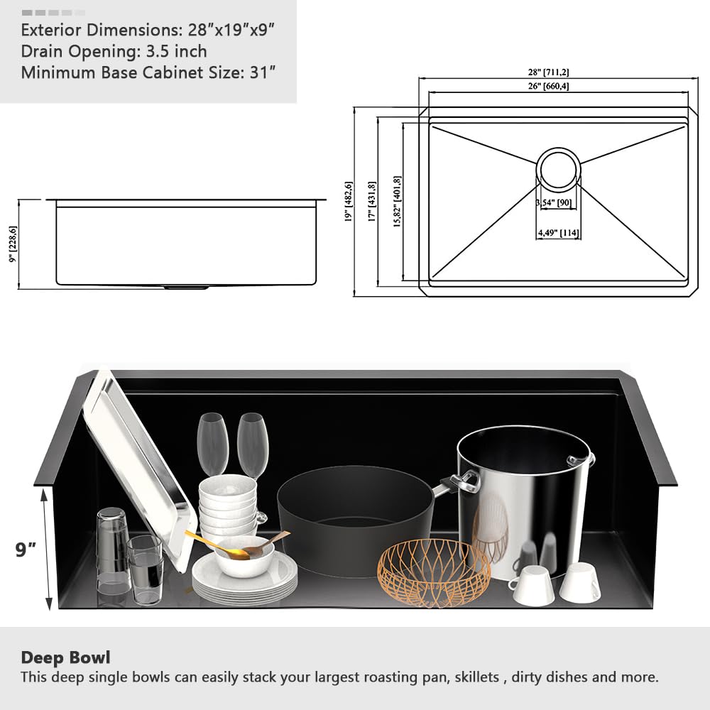 28 Inch Black Kitchen Sink Undermount Workstation Sink Stainless Steel
