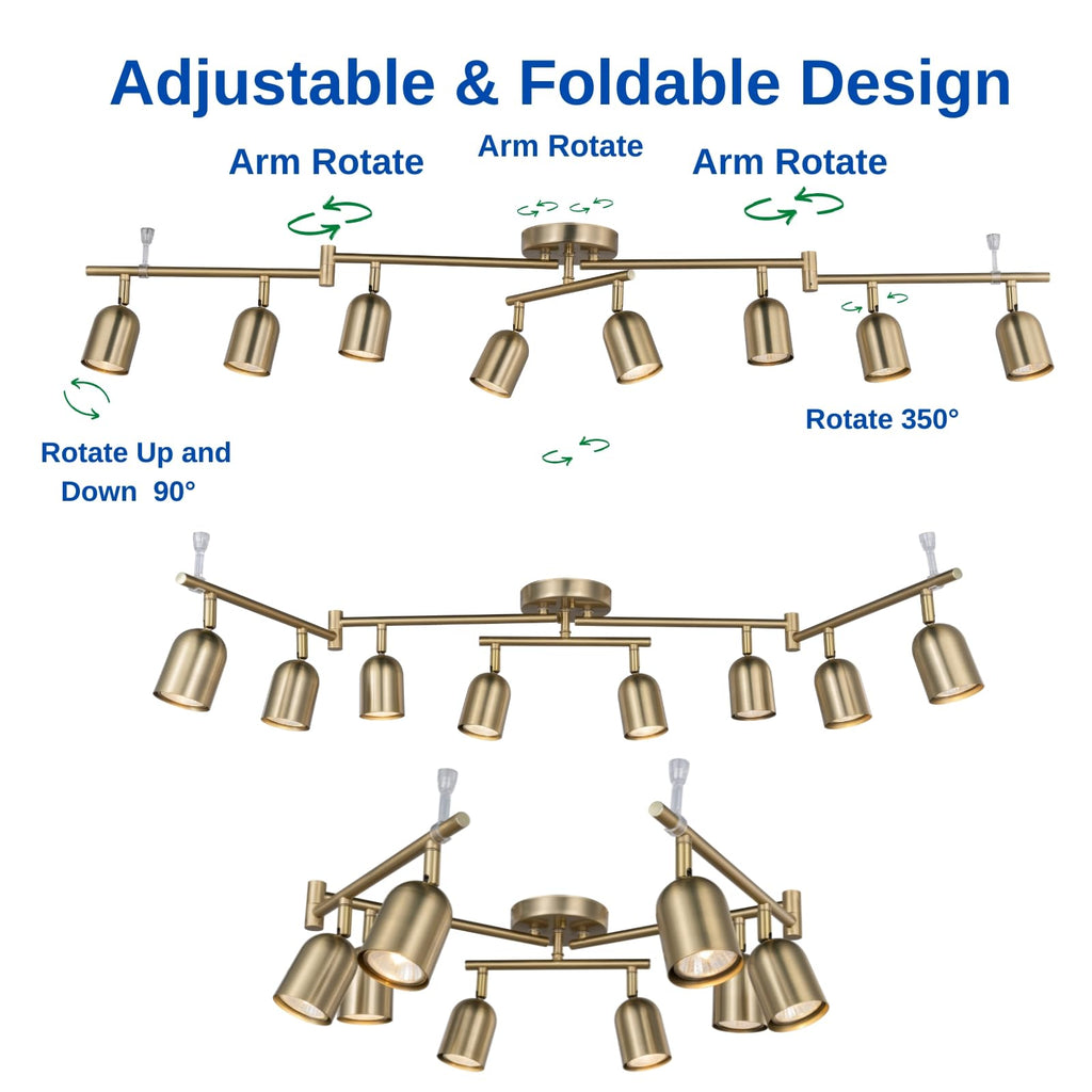 8 Light Modern Track Lighting Fixtures, Matte Brass Center Rotatable Bar Ceiling Spotlight, Foldable Arms Track