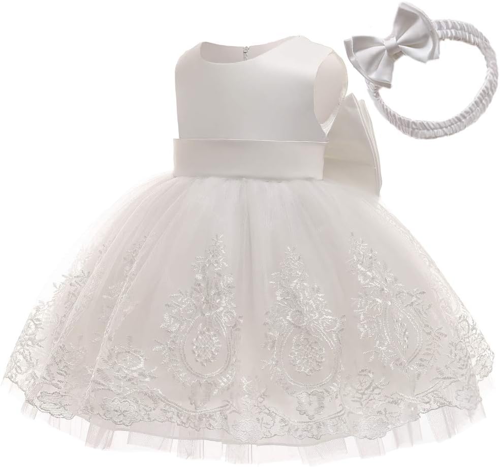 Big Bowknot Toddler Baby Girls Formal Dresses Pageant Party Lace Embroidery Dress with Headwear
