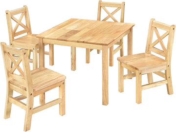 Solid Hard Wood Kids Table and Chair Set, Natural, 5 Piece