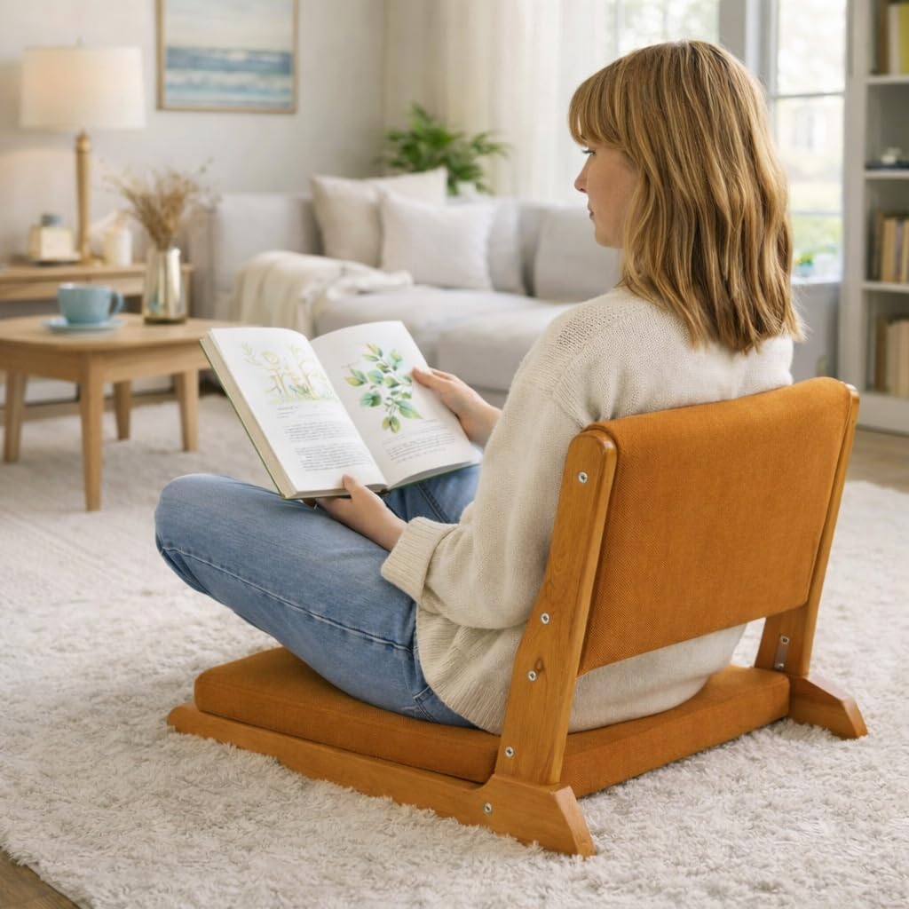 Foldable Japanese Style Floor Chair with Back Support, Tatami Chair with Cushion, Meditation Seat for Bay Window