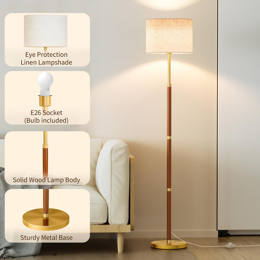 62" Mid Century Modern Wood Floor Lamp with Remote & Foot Switch