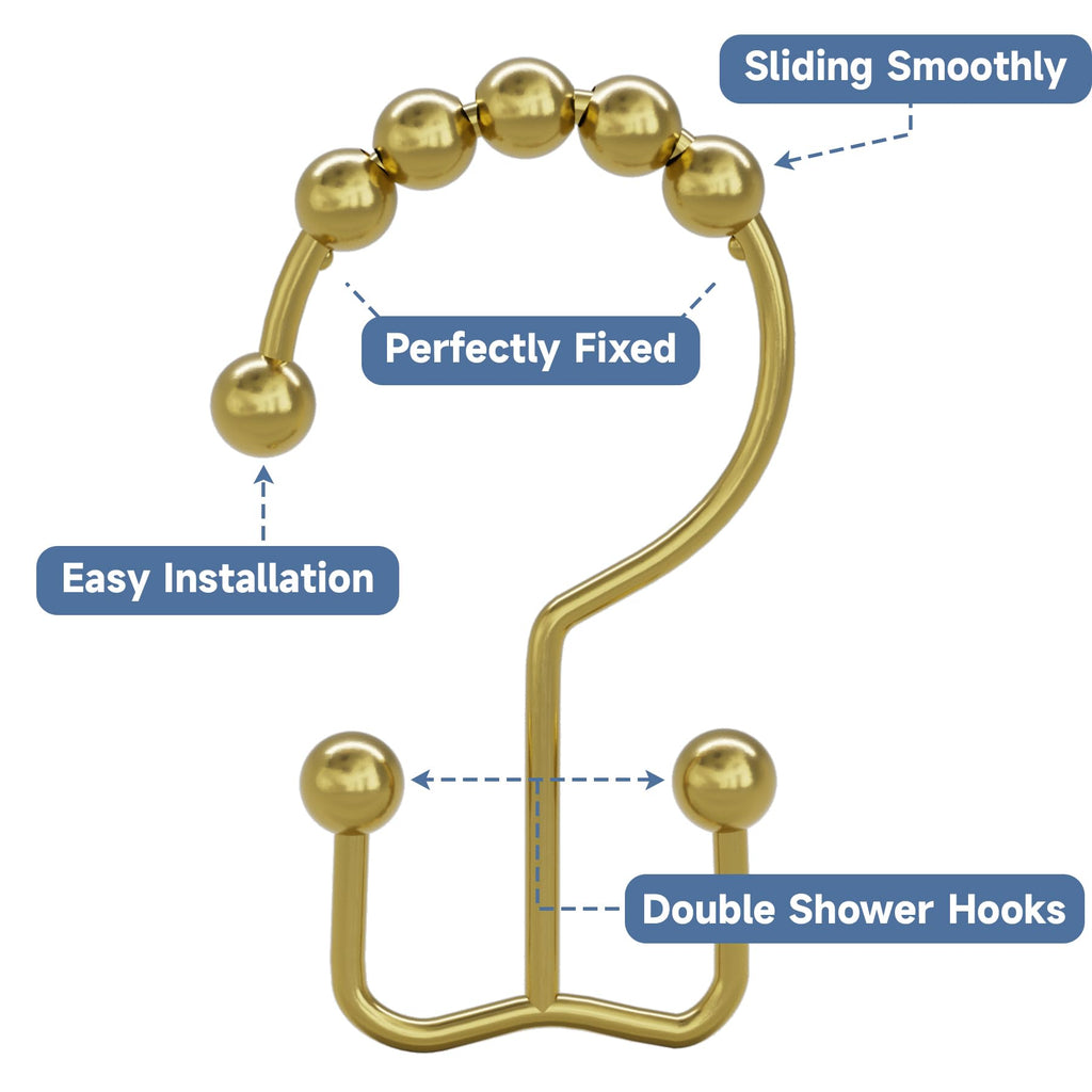 Gold Shower Curtain Hooks Rings, Rust-Resistant Metal Double Glide Shower Hooks Rings Shower Curtains Rods, Set of 12