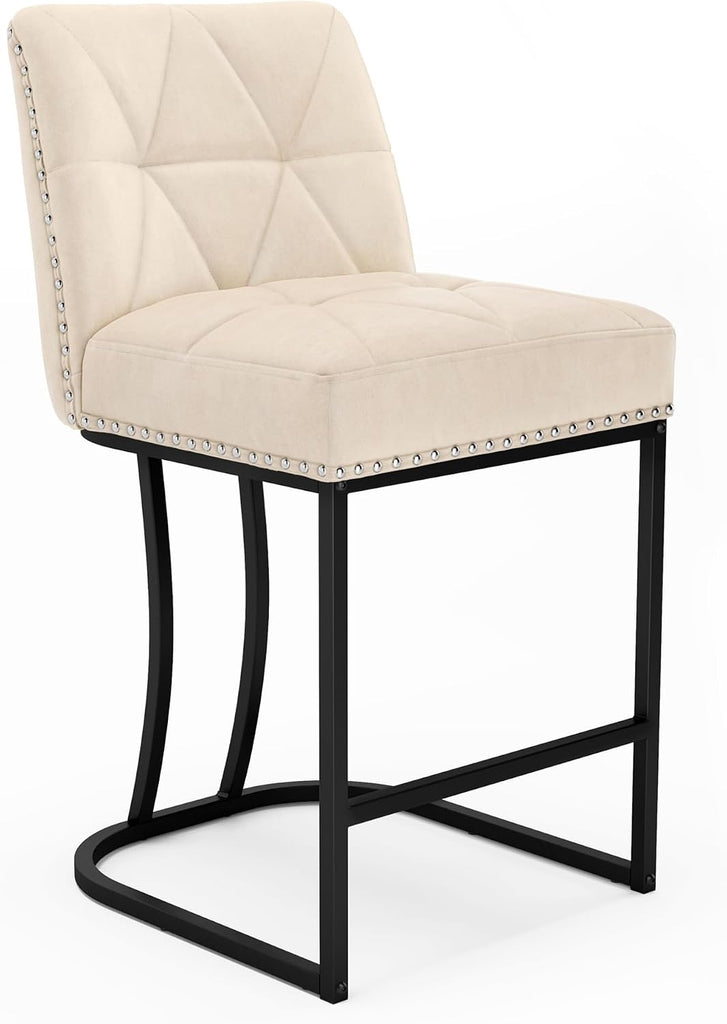 24" Bar Stools Set, Counter Height Bar Stools with 5.5" Thick Cushion, Upholstered Leather Barstools with Metal