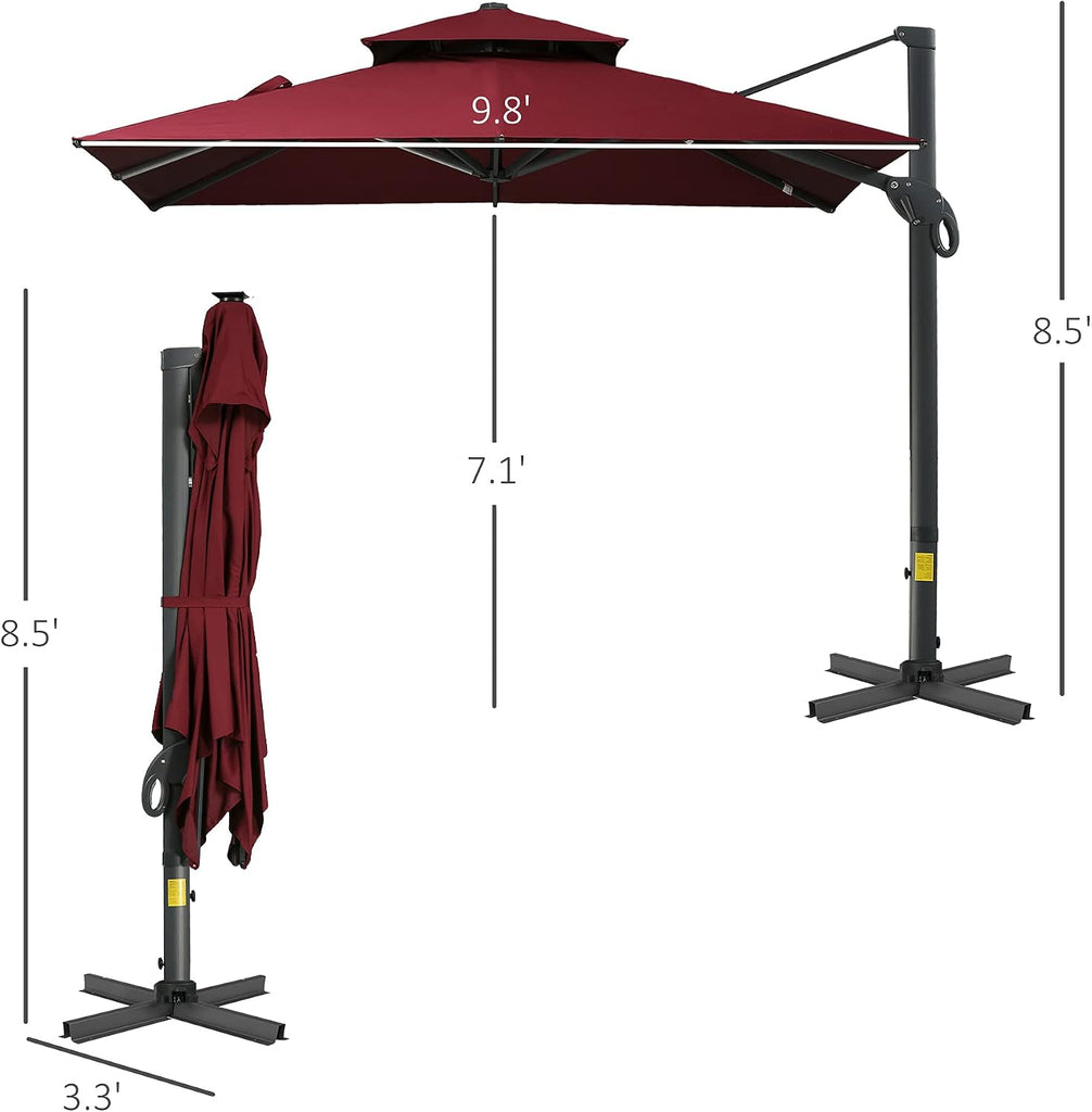 10ft Offset Patio Umbrella, Hanging Cantilever Umbrella, Square Shape, Aluminum Cross Base, Tilt, 360-Degree Rotation