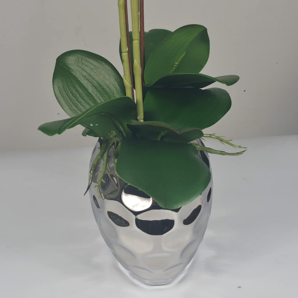 Artificial Orchid Plants & Flowers Arrangement in Ceramic Pot, Fake Faux White Orchid with Silver Vase, Faux Orchids