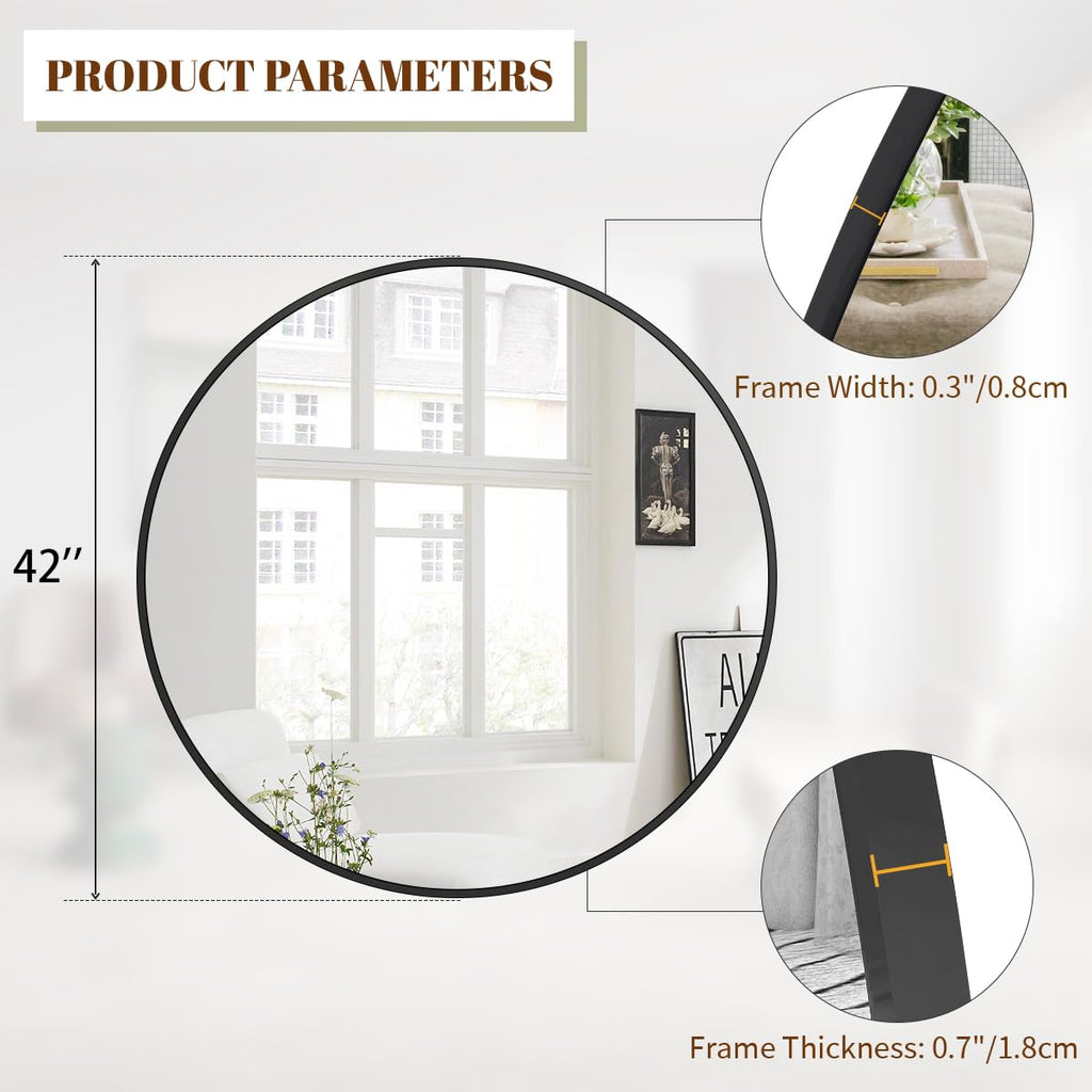 42 Inch Round Mirror, Metal Frame Circle Mirror, Black