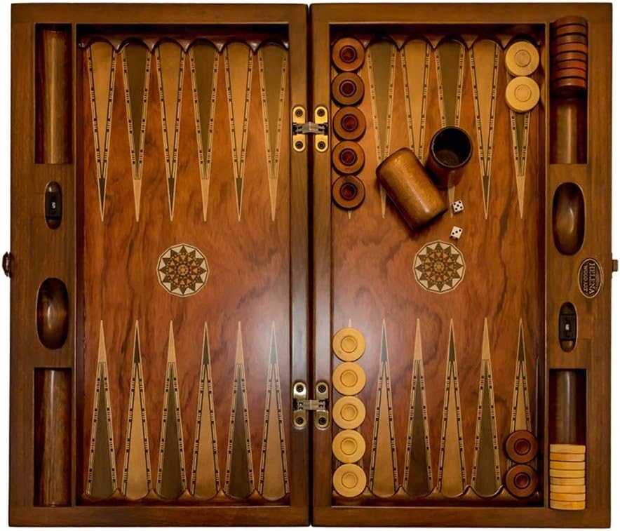 Backgammon Set Mosaic and Carved Design - Foldable Rosewood Board - Classic Board Game - Size 20,5"
