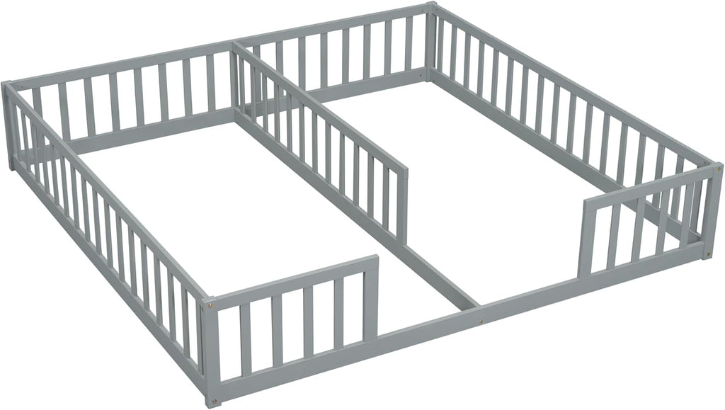 Double Floor Bed for Twins, Two Shared Beds, Floor Bed for 2 Kids, Double Bed with Guardrails for