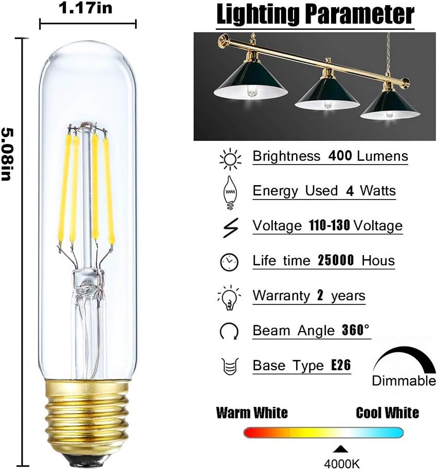 Dimmable Edison Led Tubular Bulb T10,4W Vintage Led Filament Light Bulb 40W Incandescent Bulb Equivalent, 4000K