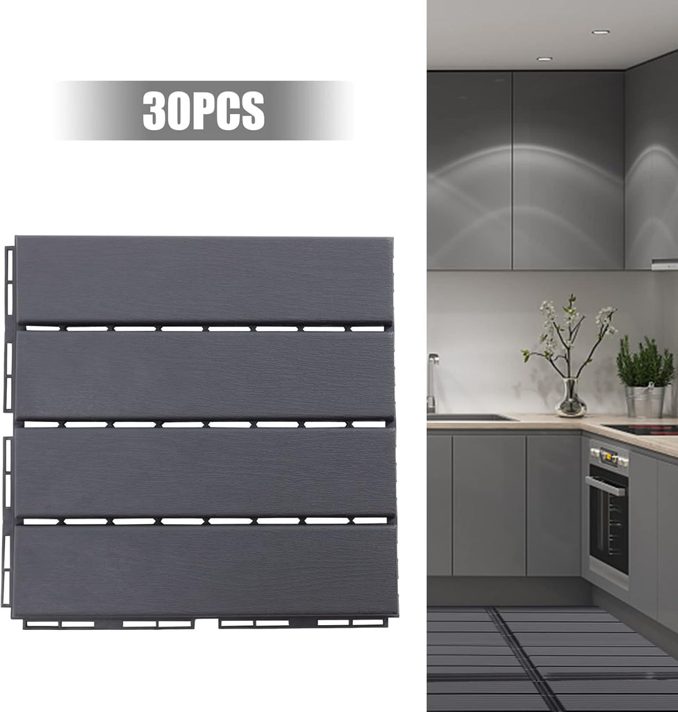 30PCs Plastic Interlocking Patio Deck Tiles,12"x12" Waterproof Outdoor Flooring,Dark Grey Outdoor Imitation Wood